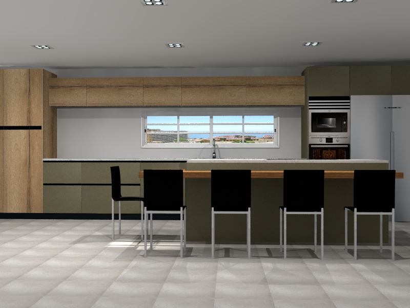 Kitchen with wooden island and earth color Idecocina